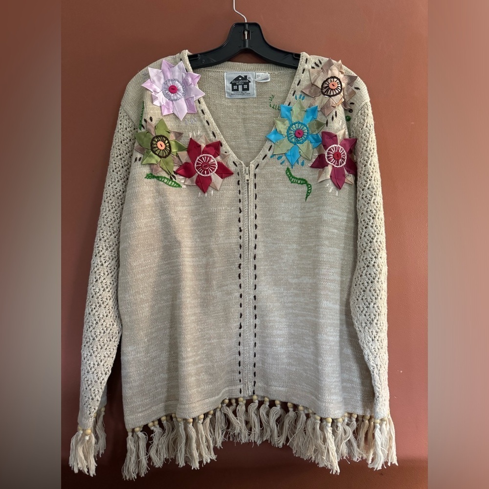 Vintage Storybook Knits Cardigan Sweater  beige Crochet Fringe Granny size L